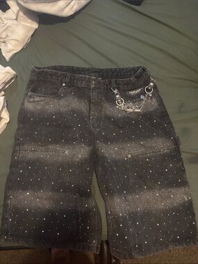 Watson studios-Embellished Black Denim Shorts with Rhinestones